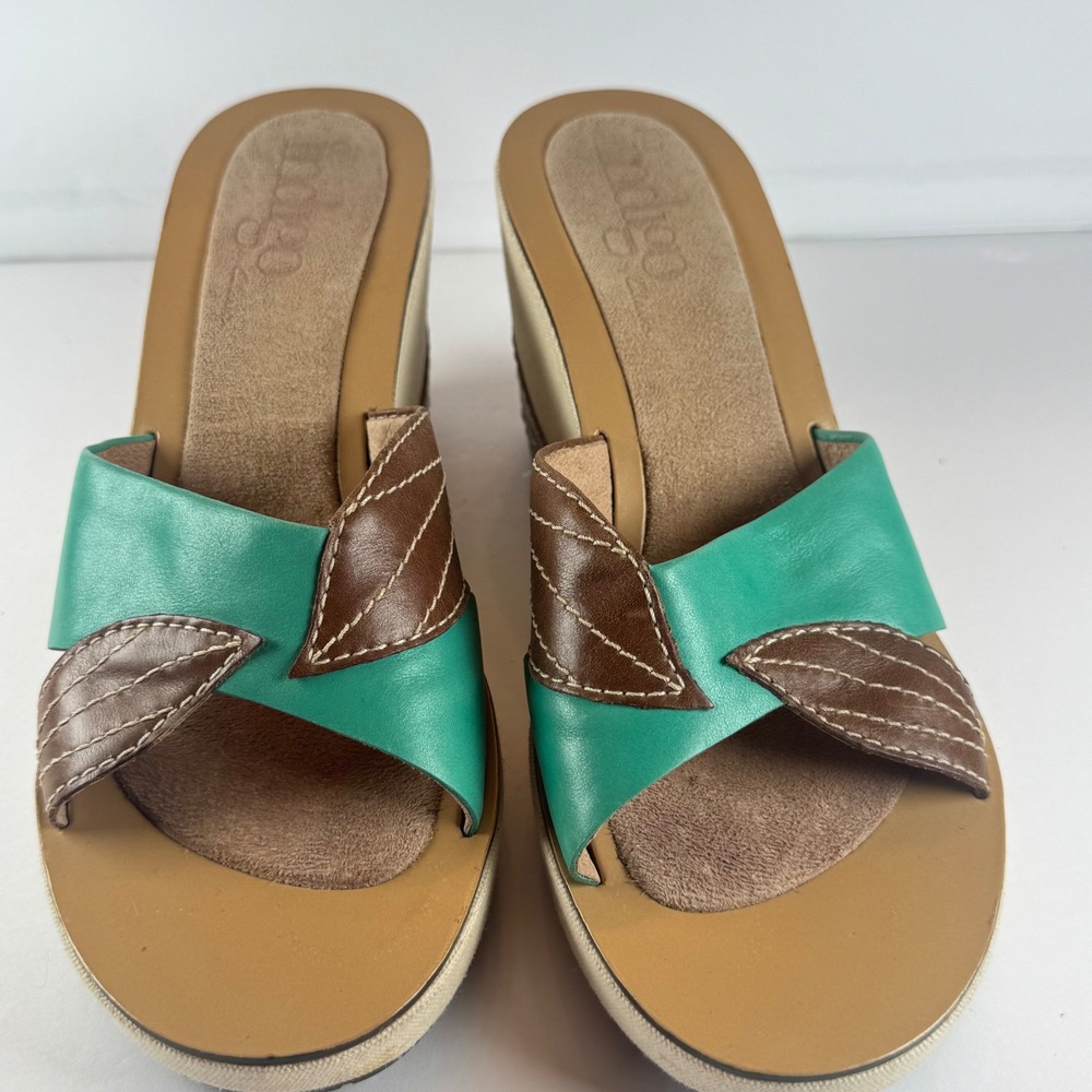 Indigo by Clarks Womens Teal Brown Leather Leaf Wedge Sandals Size 8.5M 80354 - Picture 5 of 10